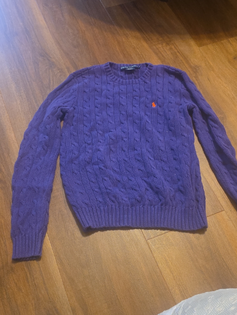 Ralph Lauren Purple Cable Knit Crew Sweater with Orange Pony